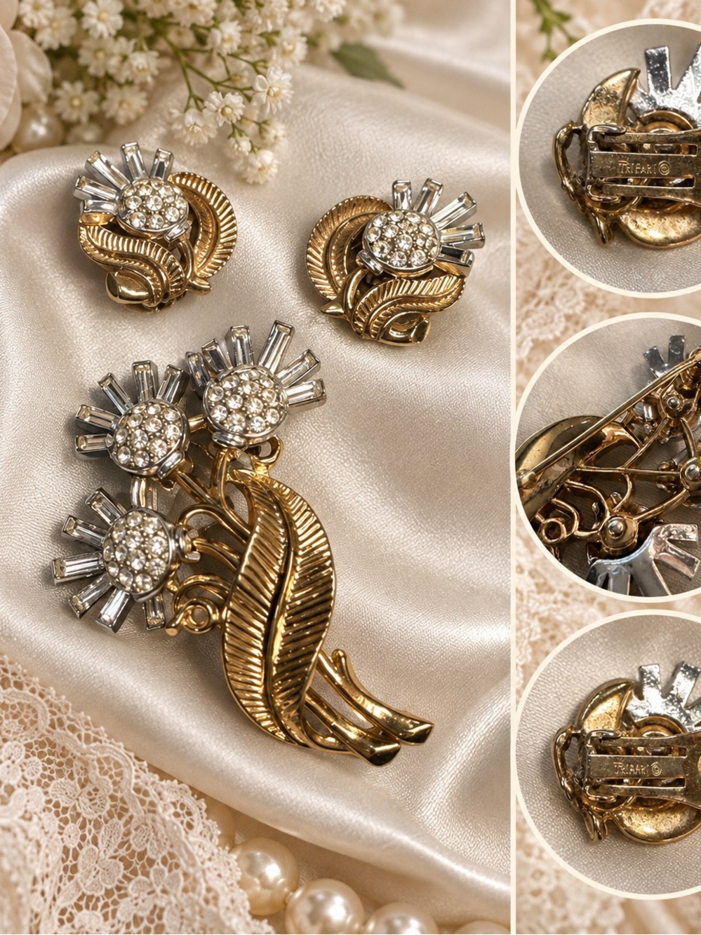Vintage Crown Trifari Radiance Thistle Brooch & Earrings Demi-Parure 1954